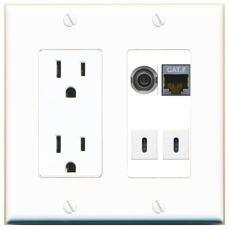 RiteAV 3.5mm CAT7 2 USBC Wall Plate with 15A Power Outlet [White]