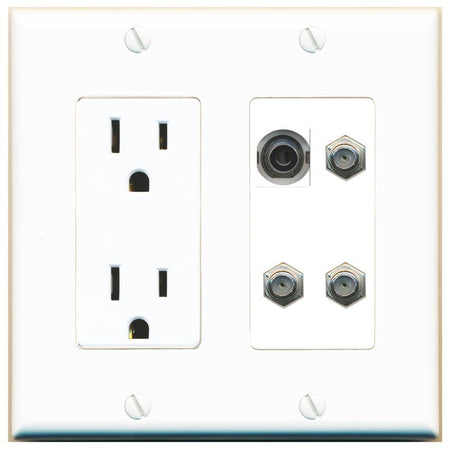 RiteAV 3.5mm 3 COAX Wall Plate with 15A Power Outlet [White]