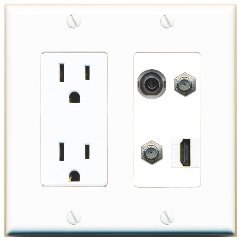 RiteAV 3.5mm 2 COAX HDMI Wall Plate with 15A Power Outlet [White]