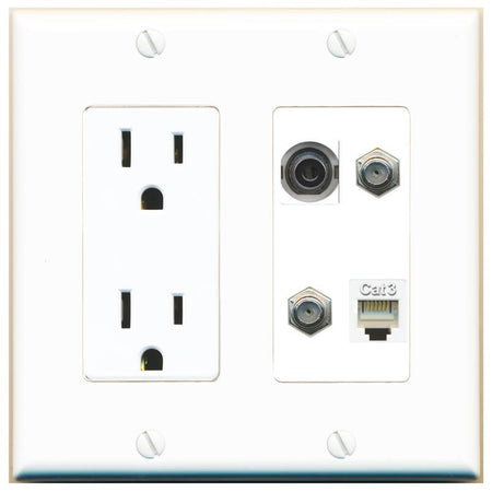 RiteAV 3.5mm 2 COAX PHONE Wall Plate with 15A Power Outlet [White]