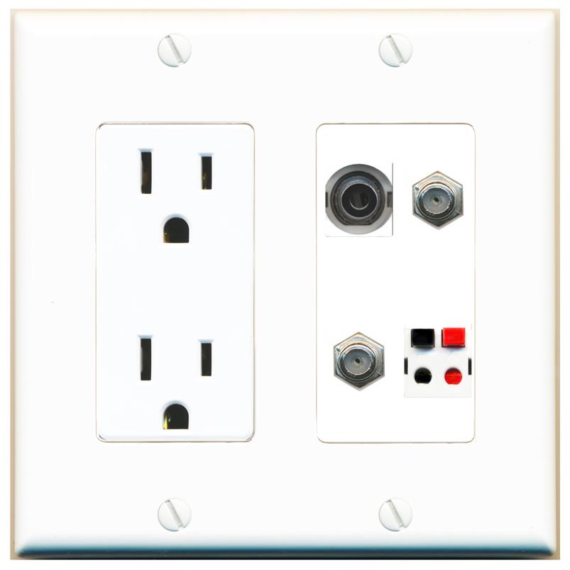 RiteAV 3.5mm 2 COAX SPEAKER Wall Plate with 15A Power Outlet [White]