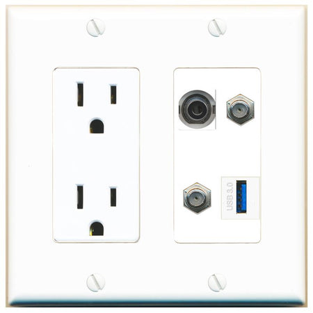 RiteAV 3.5mm 2 COAX USB-3 Wall Plate with 15A Power Outlet [White]