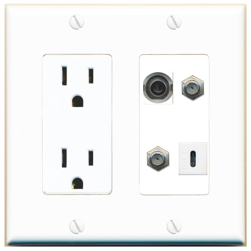 RiteAV 3.5mm 2 COAX USBC Wall Plate with 15A Power Outlet [White]