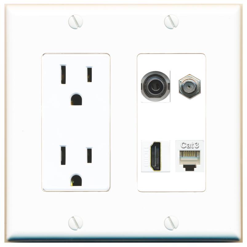 RiteAV 3.5mm COAX HDMI PHONE Wall Plate with 15A Power Outlet [White]