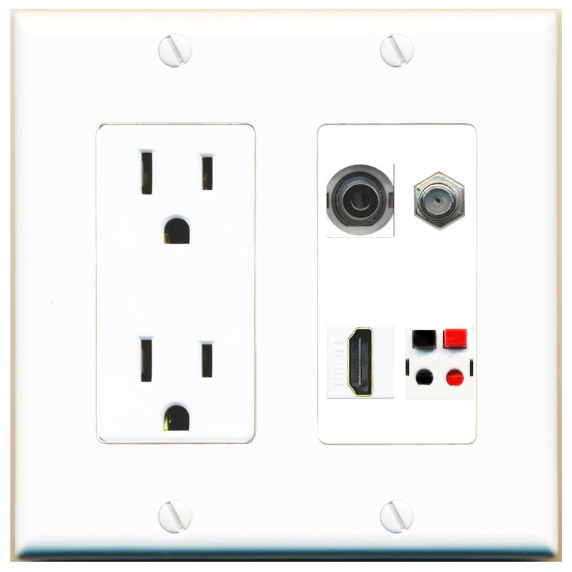 RiteAV 3.5mm COAX HDMI SPEAKER Wall Plate with 15A Power Outlet [White]