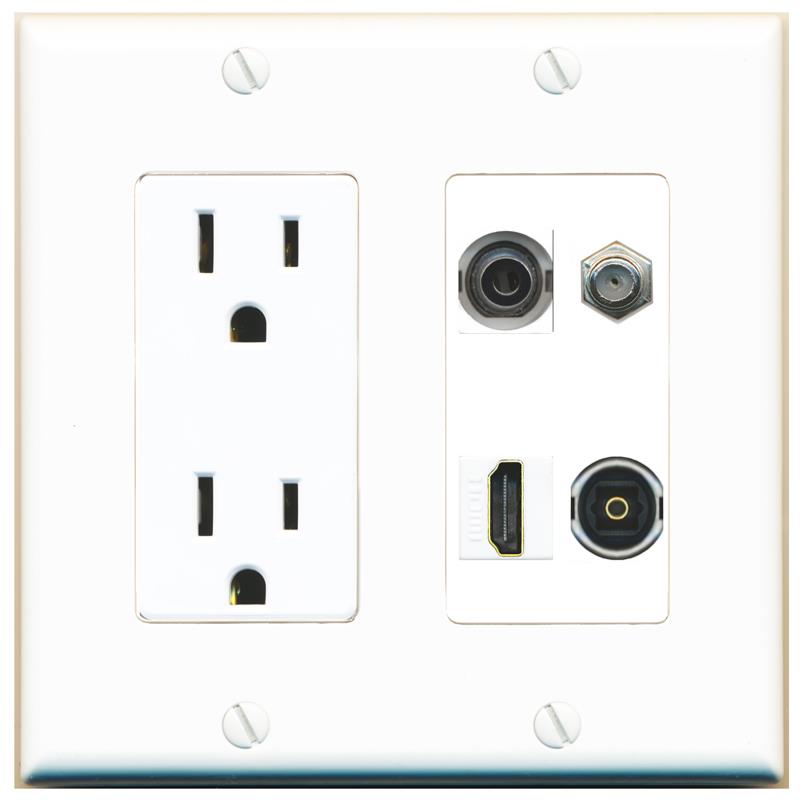 RiteAV 3.5mm COAX HDMI TOSLINK Wall Plate with 15A Power Outlet [White]