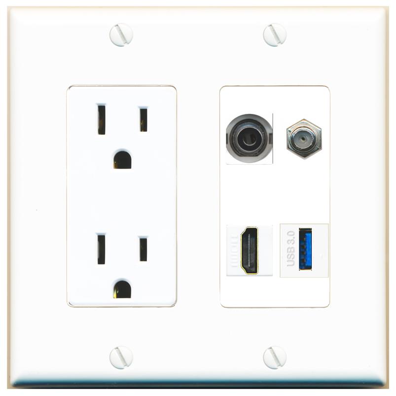 RiteAV 3.5mm COAX HDMI USB-3 Wall Plate with 15A Power Outlet [White]