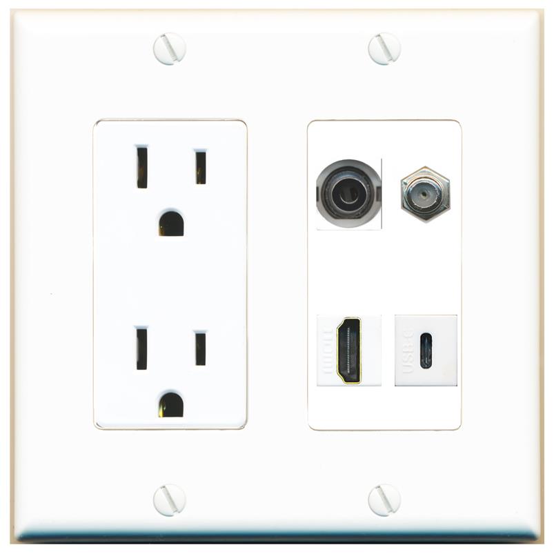 RiteAV 3.5mm COAX HDMI USBC Wall Plate with 15A Power Outlet [White]