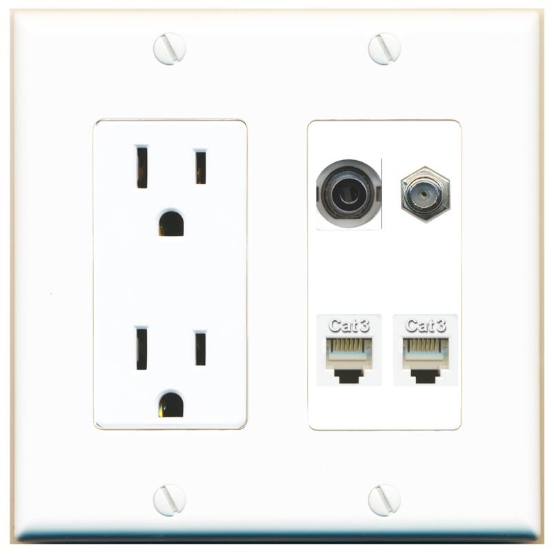 RiteAV 3.5mm COAX 2 PHONE Wall Plate with 15A Power Outlet [White]