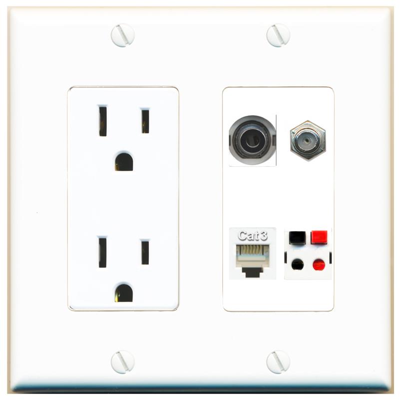 RiteAV 3.5mm COAX PHONE SPEAKER Wall Plate with 15A Power Outlet [White]