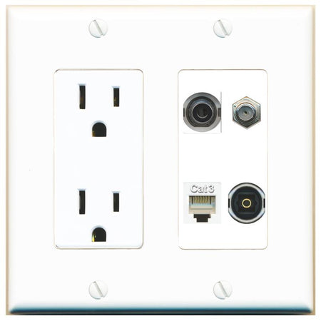 RiteAV 3.5mm COAX PHONE TOSLINK Wall Plate with 15A Power Outlet [White]