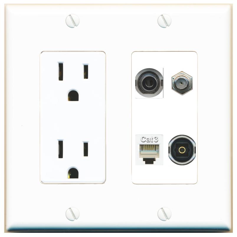 RiteAV 3.5mm COAX PHONE TOSLINK Wall Plate with 15A Power Outlet [White]