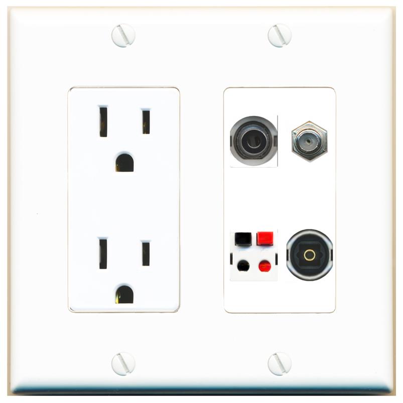 RiteAV 3.5mm COAX SPEAKER TOSLINK Wall Plate with 15A Power Outlet [White]