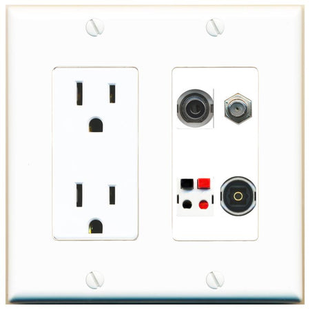 RiteAV 3.5mm COAX SPEAKER TOSLINK Wall Plate with 15A Power Outlet [White]