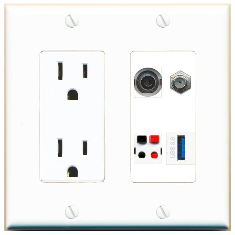 RiteAV 3.5mm COAX SPEAKER USB-3 Wall Plate with 15A Power Outlet [White]