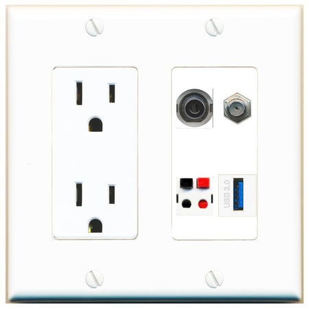 RiteAV 3.5mm COAX SPEAKER USB-3 Wall Plate with 15A Power Outlet [White]