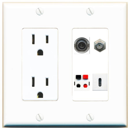 RiteAV 3.5mm COAX SPEAKER USBC Wall Plate with 15A Power Outlet [White]