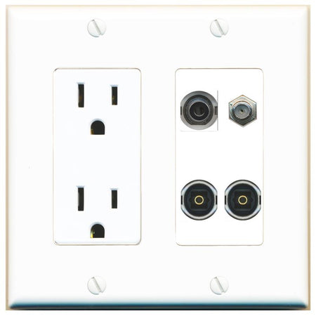 RiteAV 3.5mm COAX 2 TOSLINK Wall Plate with 15A Power Outlet [White]