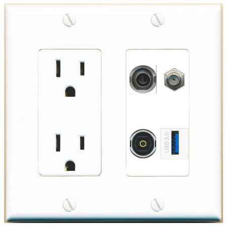 RiteAV 3.5mm COAX TOSLINK USB-3 Wall Plate with 15A Power Outlet [White]