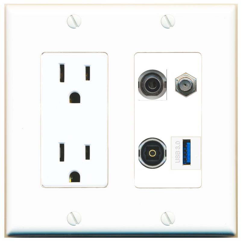RiteAV 3.5mm COAX TOSLINK USB-3 Wall Plate with 15A Power Outlet [White]