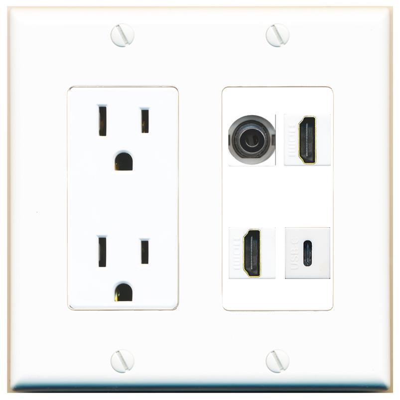 RiteAV 3.5mm 2 HDMI USBC Wall Plate with 15A Power Outlet [White]