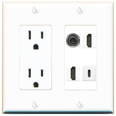 RiteAV 3.5mm 2 HDMI USBC Wall Plate with 15A Power Outlet [White]