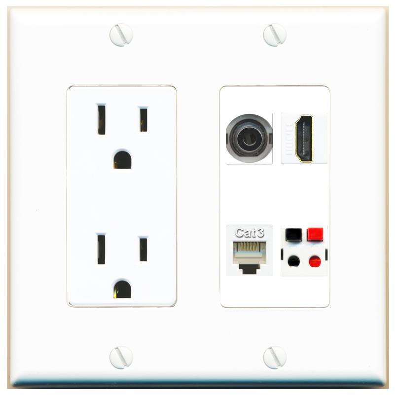 RiteAV 3.5mm HDMI PHONE SPEAKER Wall Plate with 15A Power Outlet [White]