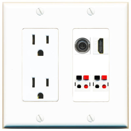 RiteAV 3.5mm HDMI 2 SPEAKER Wall Plate with 15A Power Outlet [White]