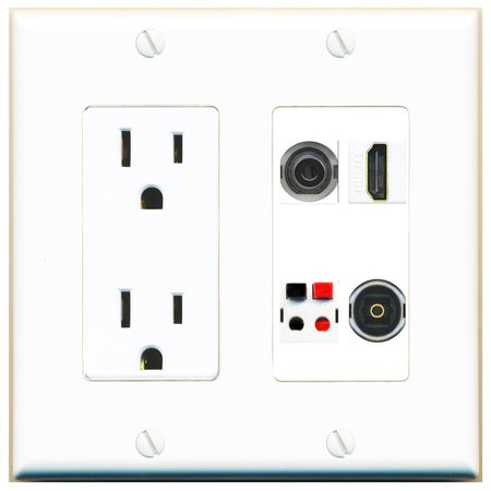 RiteAV 3.5mm HDMI SPEAKER TOSLINK Wall Plate with 15A Power Outlet [White]