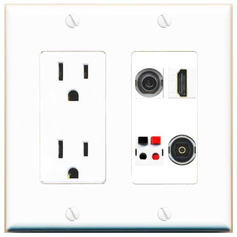 RiteAV 3.5mm HDMI SPEAKER TOSLINK Wall Plate with 15A Power Outlet [White]