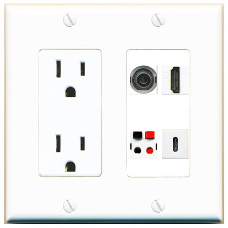 RiteAV 3.5mm HDMI SPEAKER USBC Wall Plate with 15A Power Outlet [White]
