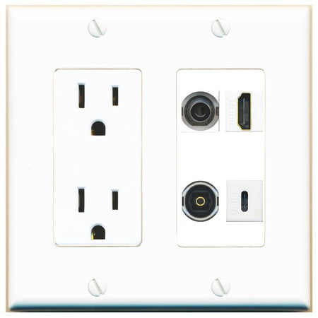 RiteAV 3.5mm HDMI TOSLINK USBC Wall Plate with 15A Power Outlet [White]