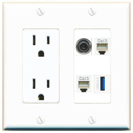 RiteAV 3.5mm 2 PHONE USB-3 Wall Plate with 15A Power Outlet [White]