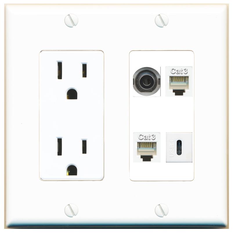 RiteAV 3.5mm 2 PHONE USBC Wall Plate with 15A Power Outlet [White]