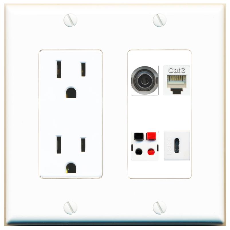 RiteAV 3.5mm PHONE SPEAKER USBC Wall Plate with 15A Power Outlet [White]