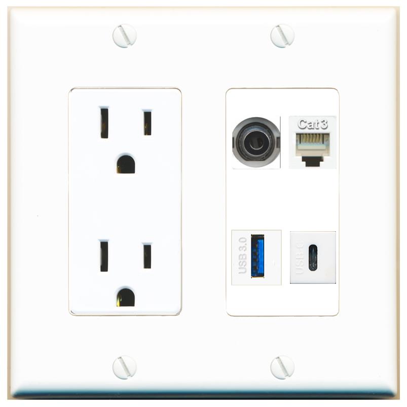 RiteAV 3.5mm PHONE USB-3 USBC Wall Plate with 15A Power Outlet [White]