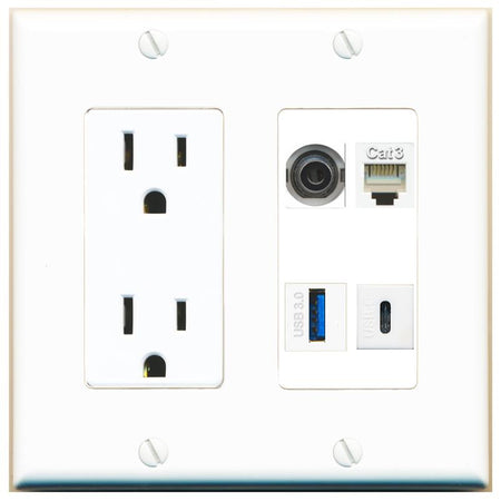 RiteAV 3.5mm PHONE USB-3 USBC Wall Plate with 15A Power Outlet [White]