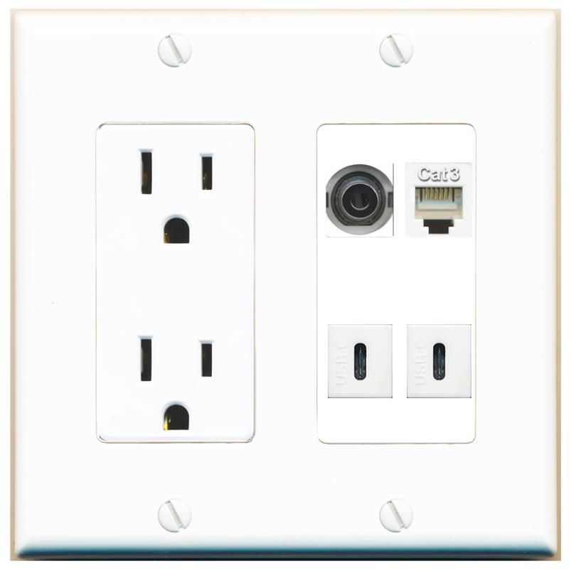 RiteAV 3.5mm PHONE 2 USBC Wall Plate with 15A Power Outlet [White]
