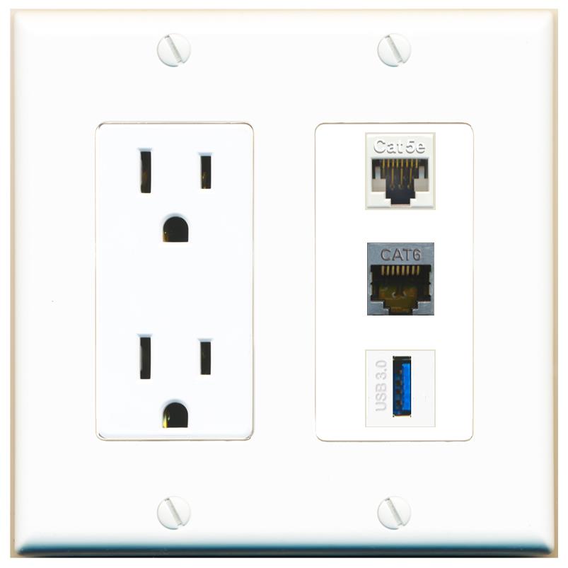 1 CAT5E 1 CAT6-SHIELDED 1 USB-3 Wall Plate [White]