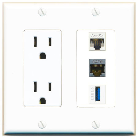 1 CAT5E 1 CAT6-SHIELDED 1 USB-3 Wall Plate [White]
