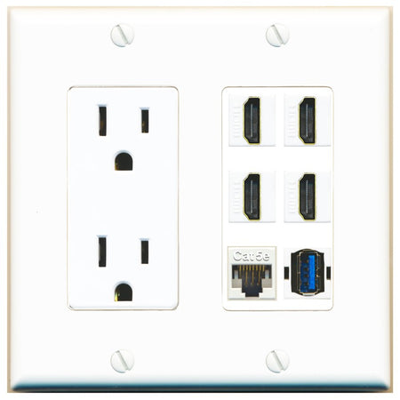 RiteAV Outlet and 4 HDMI Cat5e Ethernet USB 3 Wall Plate - White