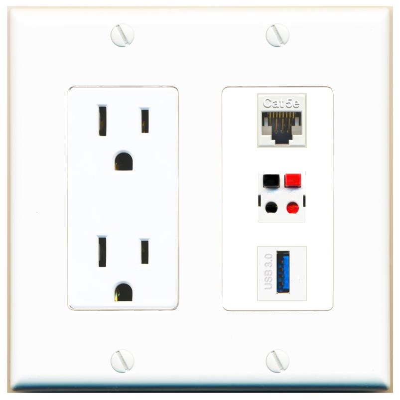 1 CAT5E 1 SPEAKER 1 USB-3 Wall Plate [White]