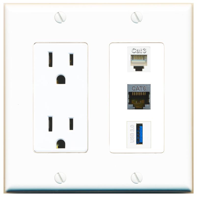 1 CAT6-SHIELDED 1 PHONE 1 USB-3 Wall Plate [White]
