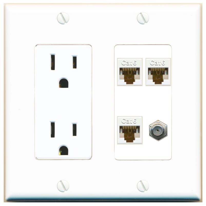 RiteAV 3 CAT6 COAX Wall Plate with 15A Power Outlet [White]