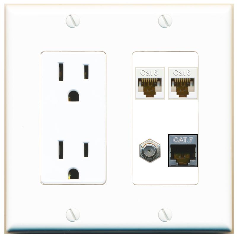 RiteAV 2 CAT6 CAT7 COAX Wall Plate with 15A Power Outlet [White]