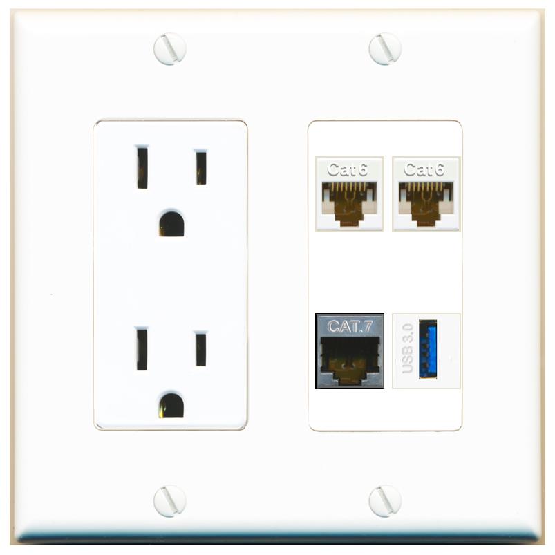 RiteAV 2 CAT6 CAT7 USB-3 Wall Plate with 15A Power Outlet [White]