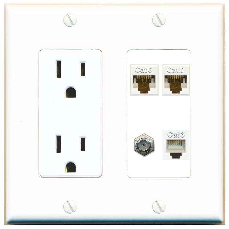 RiteAV 2 CAT6 COAX PHONE Wall Plate with 15A Power Outlet [White]