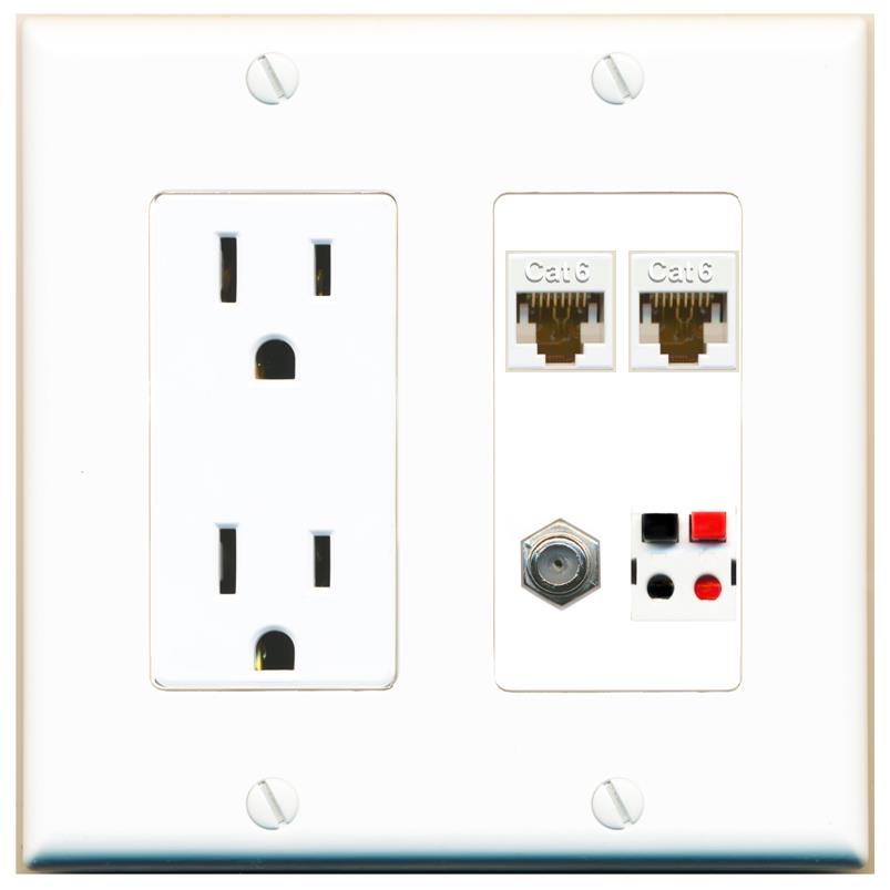 RiteAV 2 CAT6 COAX SPEAKER Wall Plate with 15A Power Outlet [White]