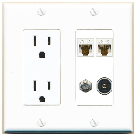 RiteAV 2 CAT6 COAX TOSLINK Wall Plate with 15A Power Outlet [White]