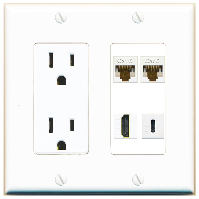 RiteAV 2 CAT6 HDMI USBC Wall Plate with 15A Power Outlet [White]